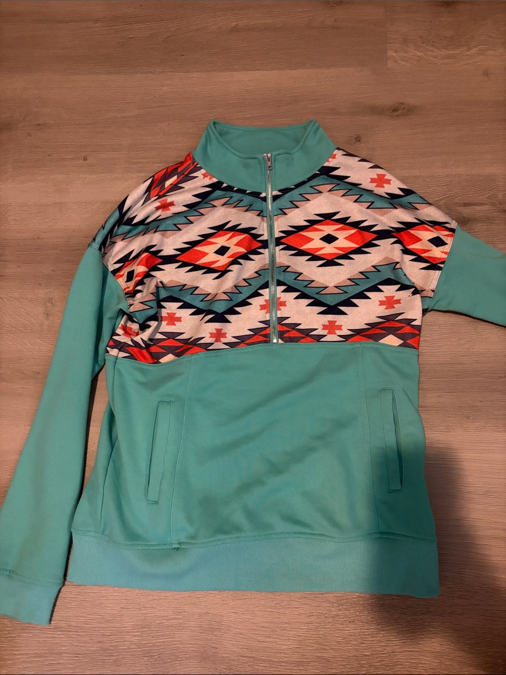 Amazon Teal Aztec Half-Zip Cowl Sweater